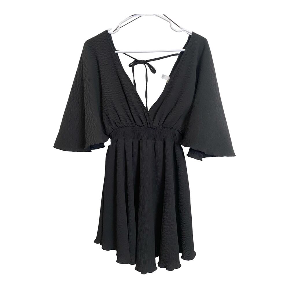 Glam Women Deep V-Neck Kimono Dress Short Black Lined Smocked Waist S